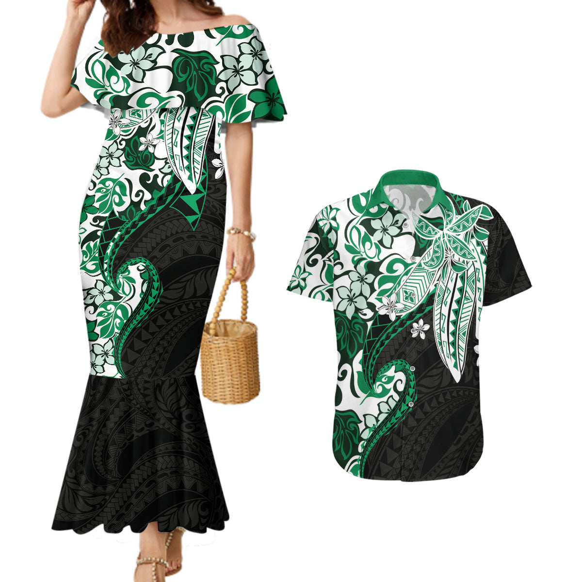 Monstera Plumeria Flowers Green Couples Matching Mermaid Dress and Hawaiian Shirt Polynesian Pattern