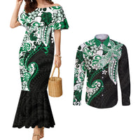 Monstera Plumeria Flowers Green Couples Matching Mermaid Dress and Long Sleeve Button Shirt Polynesian Pattern