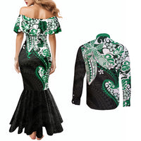 Monstera Plumeria Flowers Green Couples Matching Mermaid Dress and Long Sleeve Button Shirt Polynesian Pattern