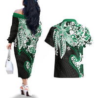 Monstera Plumeria Flowers Green Couples Matching Off The Shoulder Long Sleeve Dress and Hawaiian Shirt Polynesian Pattern