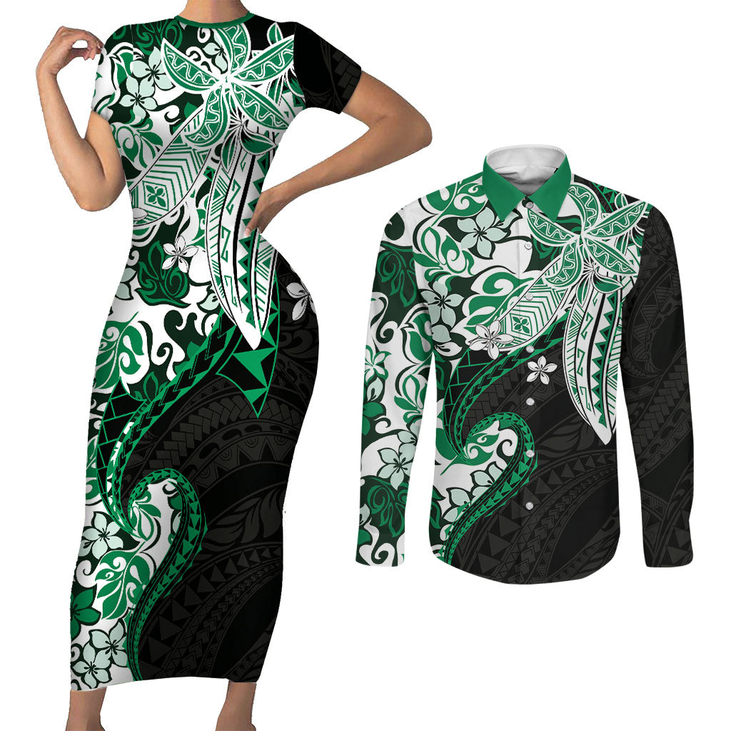 Monstera Plumeria Flowers Green Couples Matching Short Sleeve Bodycon Dress and Long Sleeve Button Shirt Polynesian Pattern