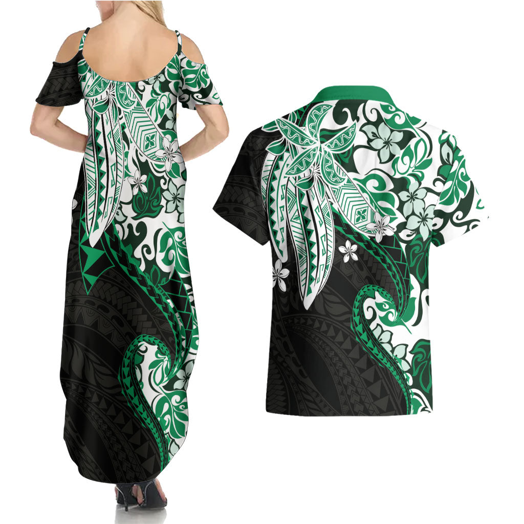 Monstera Plumeria Flowers Green Couples Matching Summer Maxi Dress and Hawaiian Shirt Polynesian Pattern
