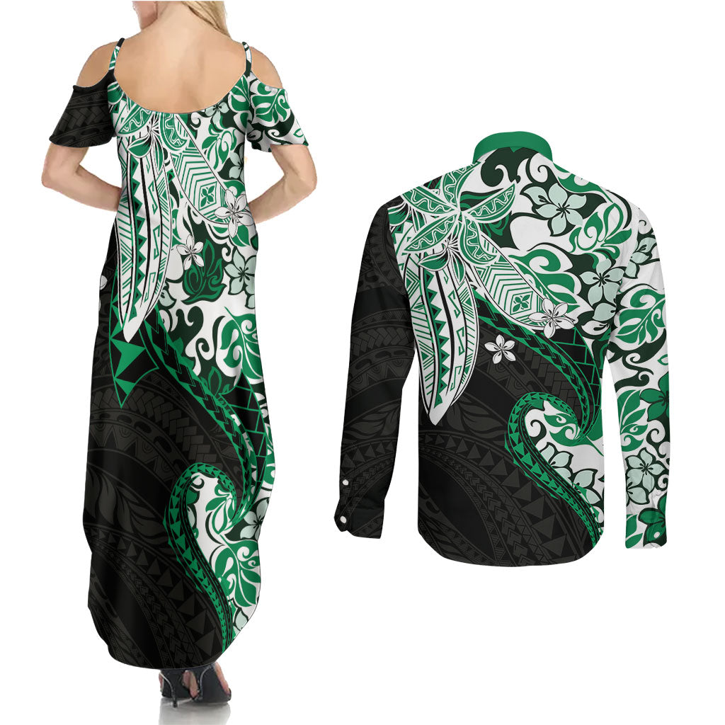 Monstera Plumeria Flowers Green Couples Matching Summer Maxi Dress and Long Sleeve Button Shirt Polynesian Pattern