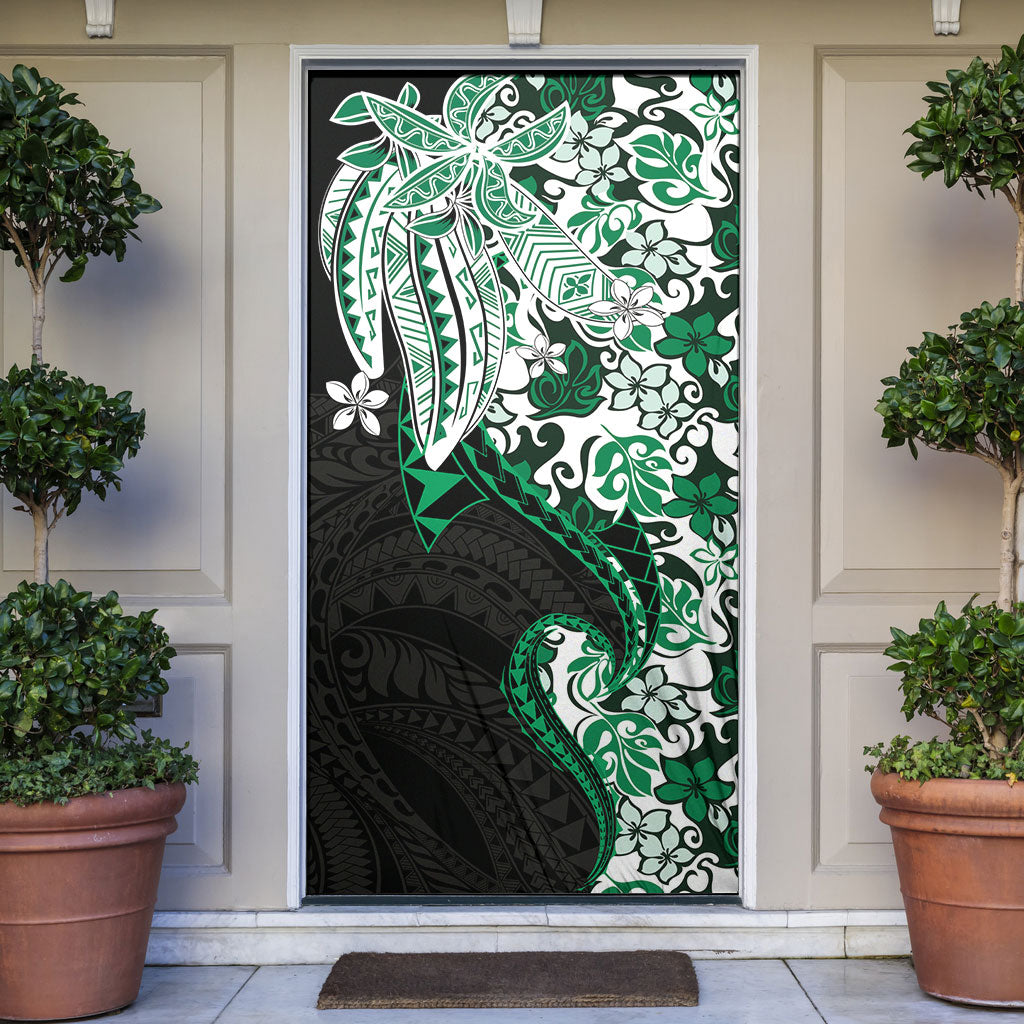 Monstera Plumeria Flowers Green Door Cover Polynesian Pattern