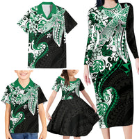 Monstera Plumeria Flowers Green Family Matching Long Sleeve Bodycon Dress and Hawaiian Shirt Polynesian Pattern LT01 - Polynesian Pride