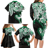 Monstera Plumeria Flowers Green Family Matching Long Sleeve Bodycon Dress and Hawaiian Shirt Polynesian Pattern LT01 - Polynesian Pride