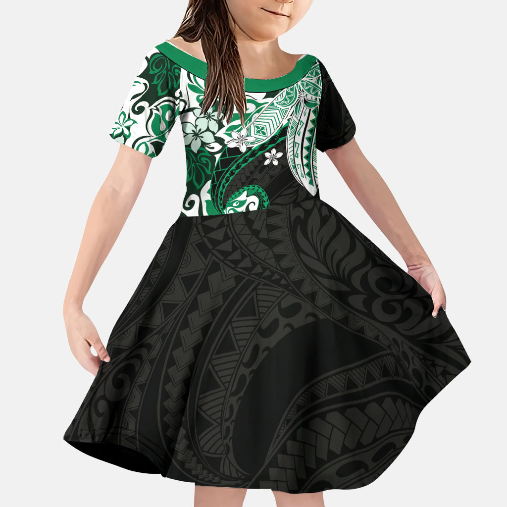 Monstera Plumeria Flowers Green Family Matching Mermaid Dress and Hawaiian Shirt Polynesian Pattern LT01 Daughter's Dress Green - Polynesian Pride