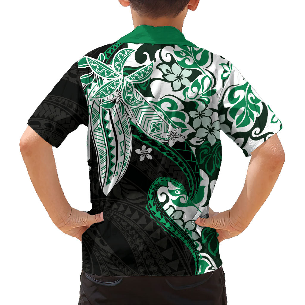 Monstera Plumeria Flowers Green Family Matching Short Sleeve Bodycon Dress and Hawaiian Shirt Polynesian Pattern LT01 - Polynesian Pride