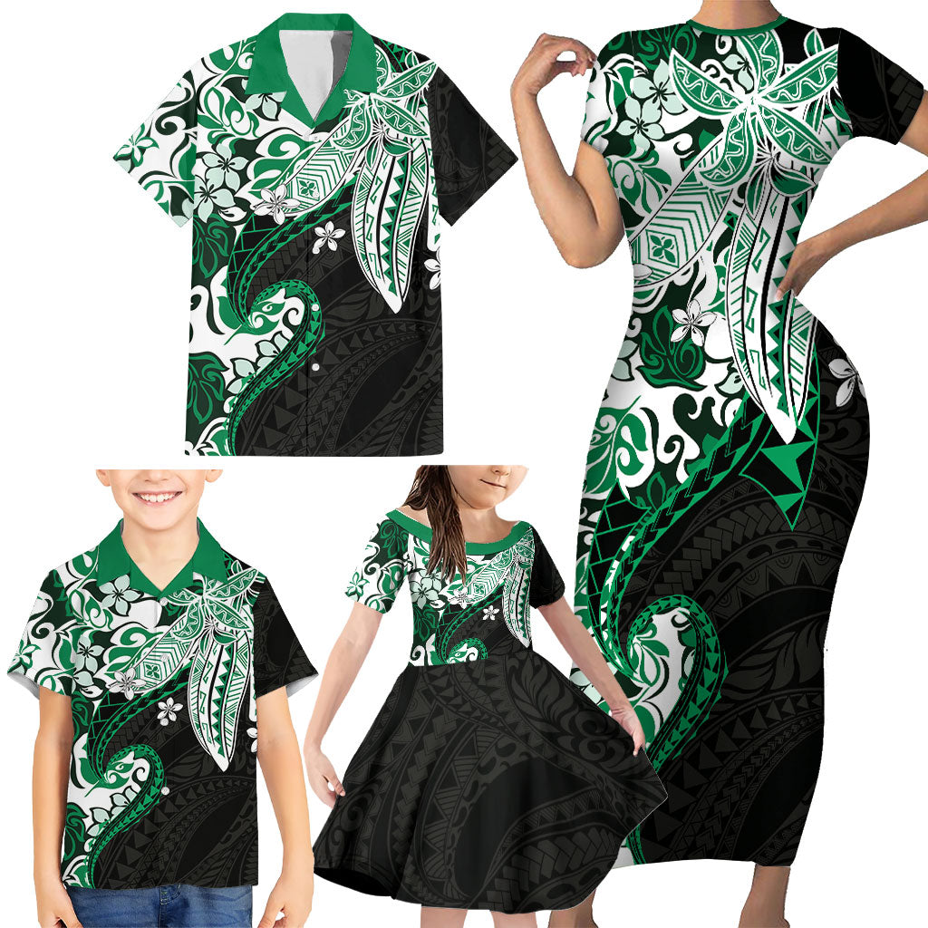 Monstera Plumeria Flowers Green Family Matching Short Sleeve Bodycon Dress and Hawaiian Shirt Polynesian Pattern LT01 - Polynesian Pride