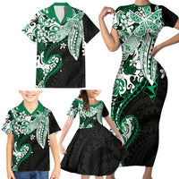 Monstera Plumeria Flowers Green Family Matching Short Sleeve Bodycon Dress and Hawaiian Shirt Polynesian Pattern LT01 - Polynesian Pride
