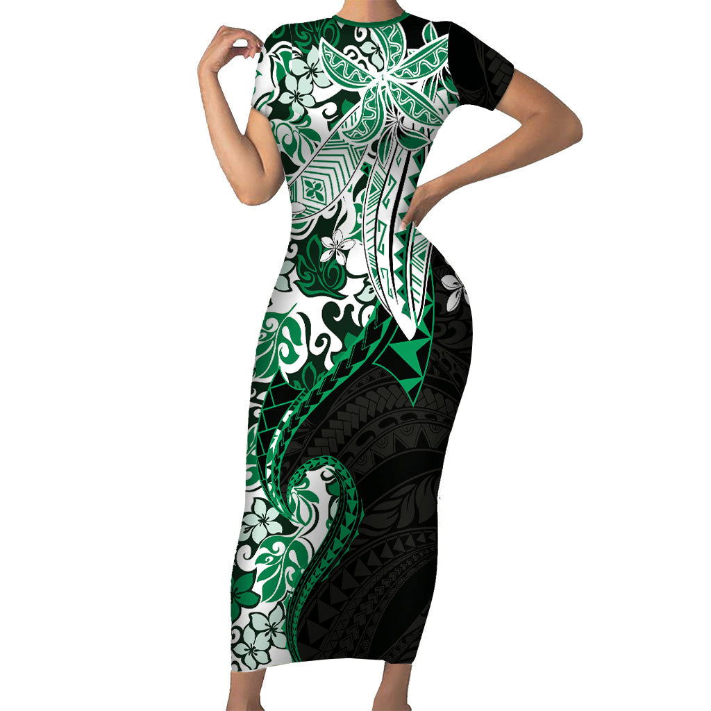 Monstera Plumeria Flowers Green Family Matching Short Sleeve Bodycon Dress and Hawaiian Shirt Polynesian Pattern LT01 Mom's Dress Green - Polynesian Pride
