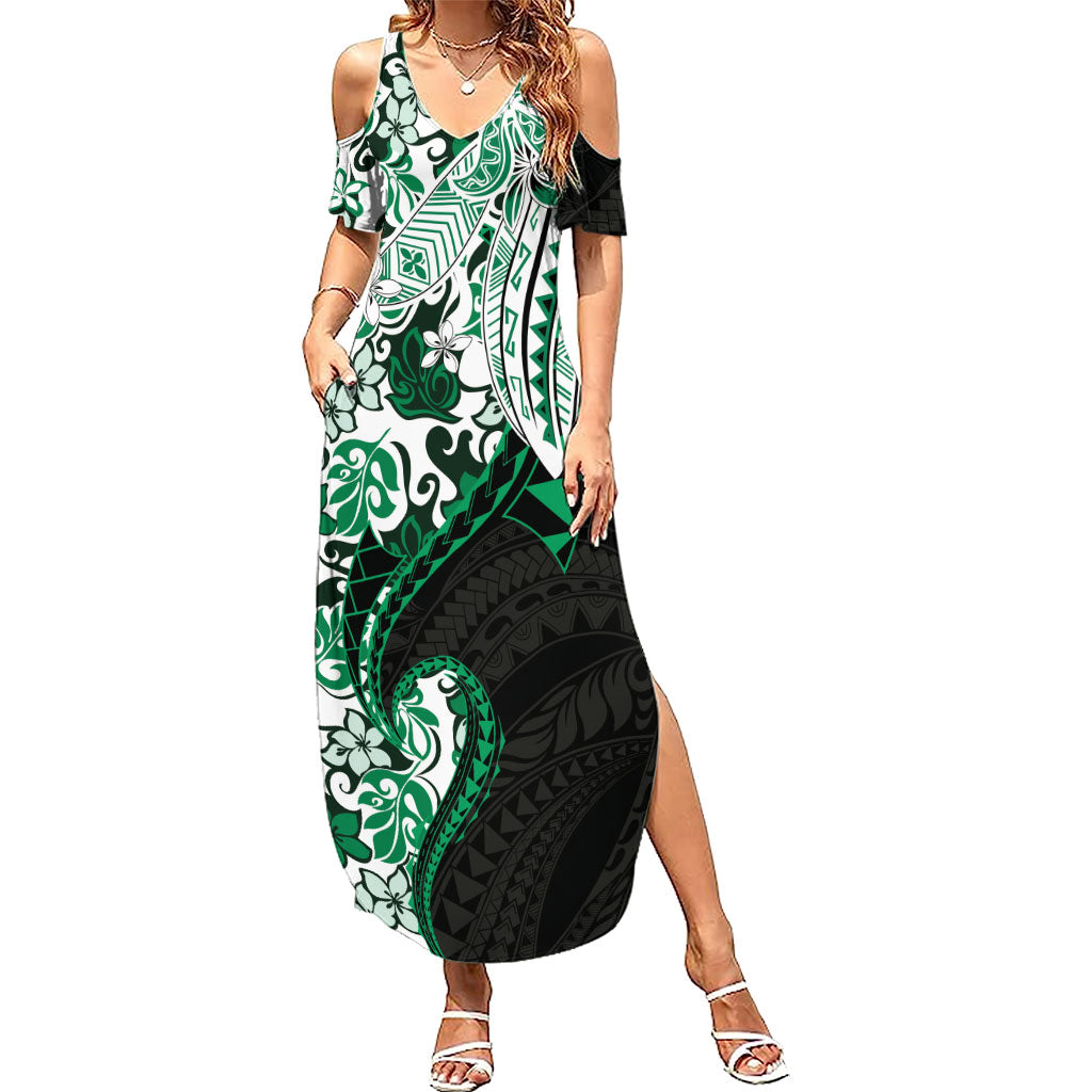 Monstera Plumeria Flowers Green Family Matching Summer Maxi Dress and Hawaiian Shirt Polynesian Pattern