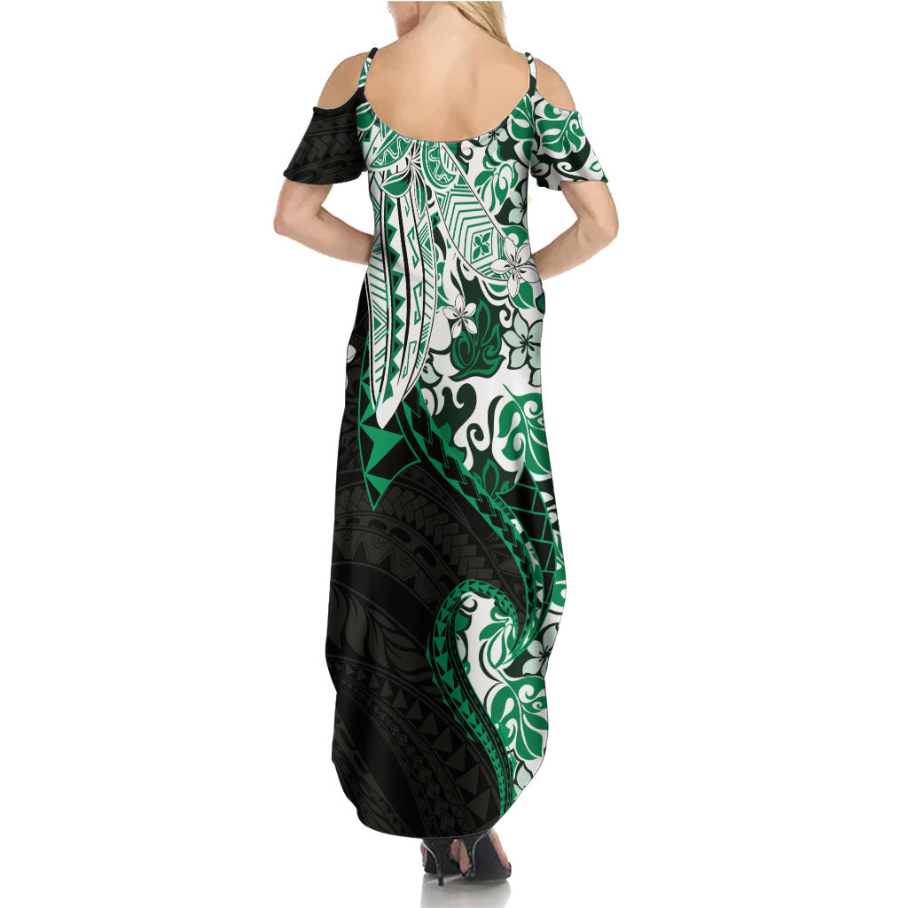 Monstera Plumeria Flowers Green Family Matching Summer Maxi Dress and Hawaiian Shirt Polynesian Pattern
