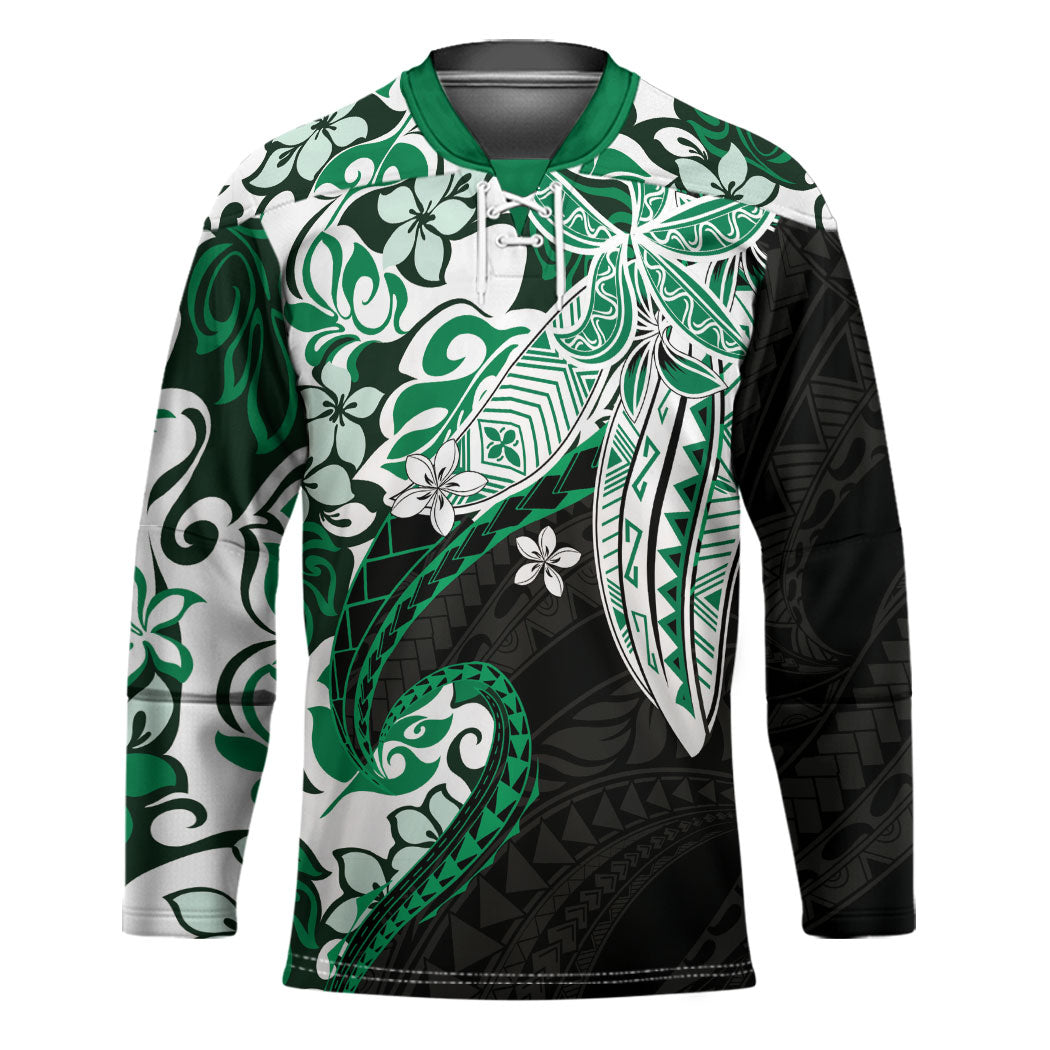 Monstera Plumeria Flowers Green Hockey Jersey Polynesian Pattern