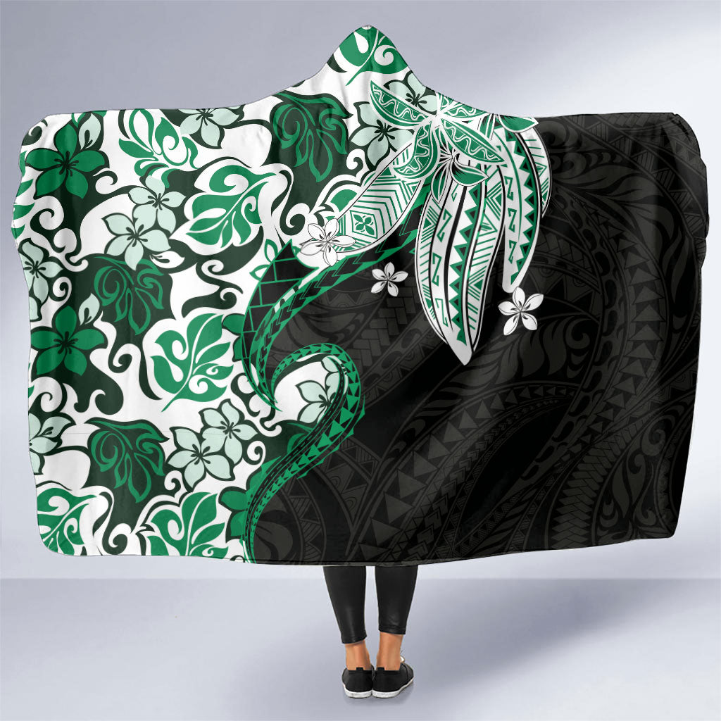 Monstera Plumeria Flowers Green Hooded Blanket Polynesian Pattern