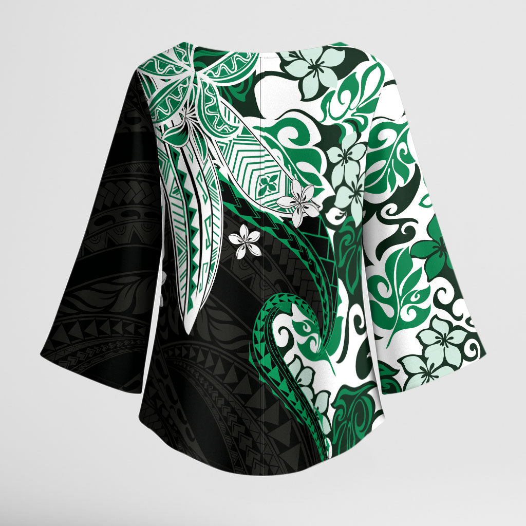Monstera Plumeria Flowers Green Kimono Sleeve Blouse Polynesian Pattern