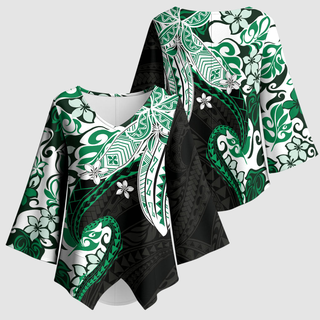 Monstera Plumeria Flowers Green Kimono Sleeve Blouse Polynesian Pattern