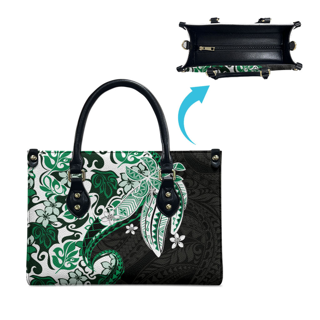 Monstera Plumeria Flowers Green Leather Bag Polynesian Pattern