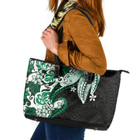 Monstera Plumeria Flowers Green Leather Tote Bag Polynesian Pattern