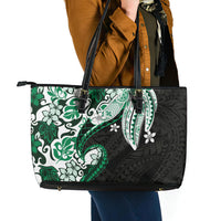 Monstera Plumeria Flowers Green Leather Tote Bag Polynesian Pattern