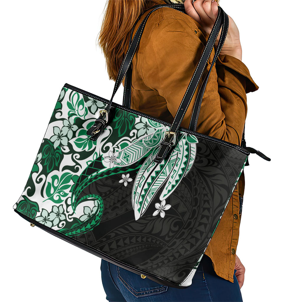 Monstera Plumeria Flowers Green Leather Tote Bag Polynesian Pattern
