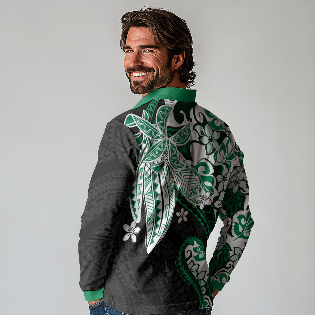 Monstera Plumeria Flowers Green Long Sleeve Polo Shirt Polynesian Pattern