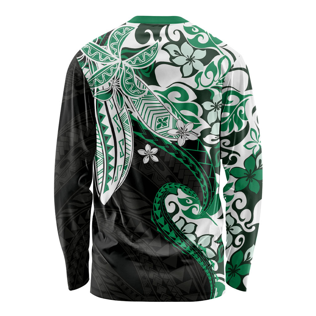 Monstera Plumeria Flowers Green Long Sleeve Shirt Polynesian Pattern