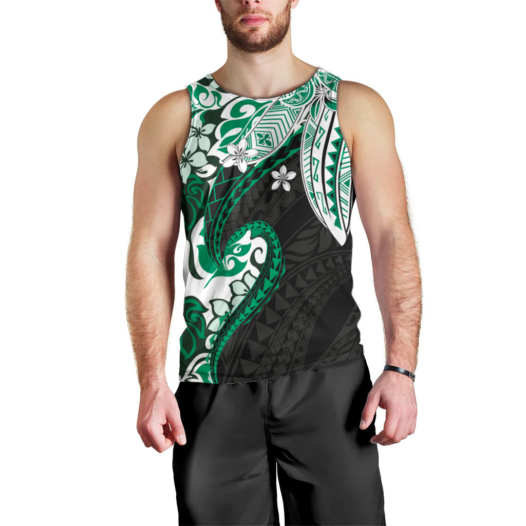 Monstera Plumeria Flowers Green Men Tank Top Polynesian Pattern