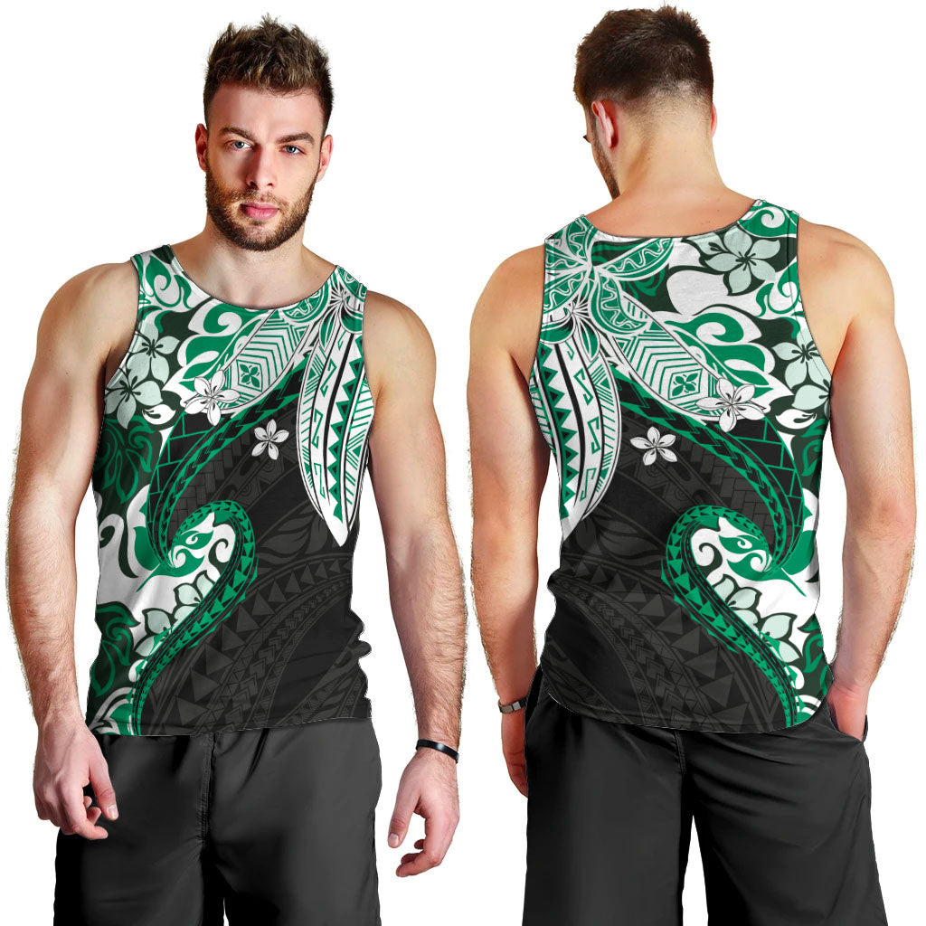 Monstera Plumeria Flowers Green Men Tank Top Polynesian Pattern