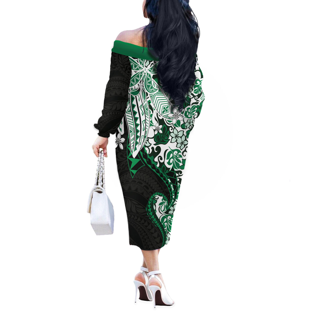 Monstera Plumeria Flowers Green Off The Shoulder Long Sleeve Dress Polynesian Pattern