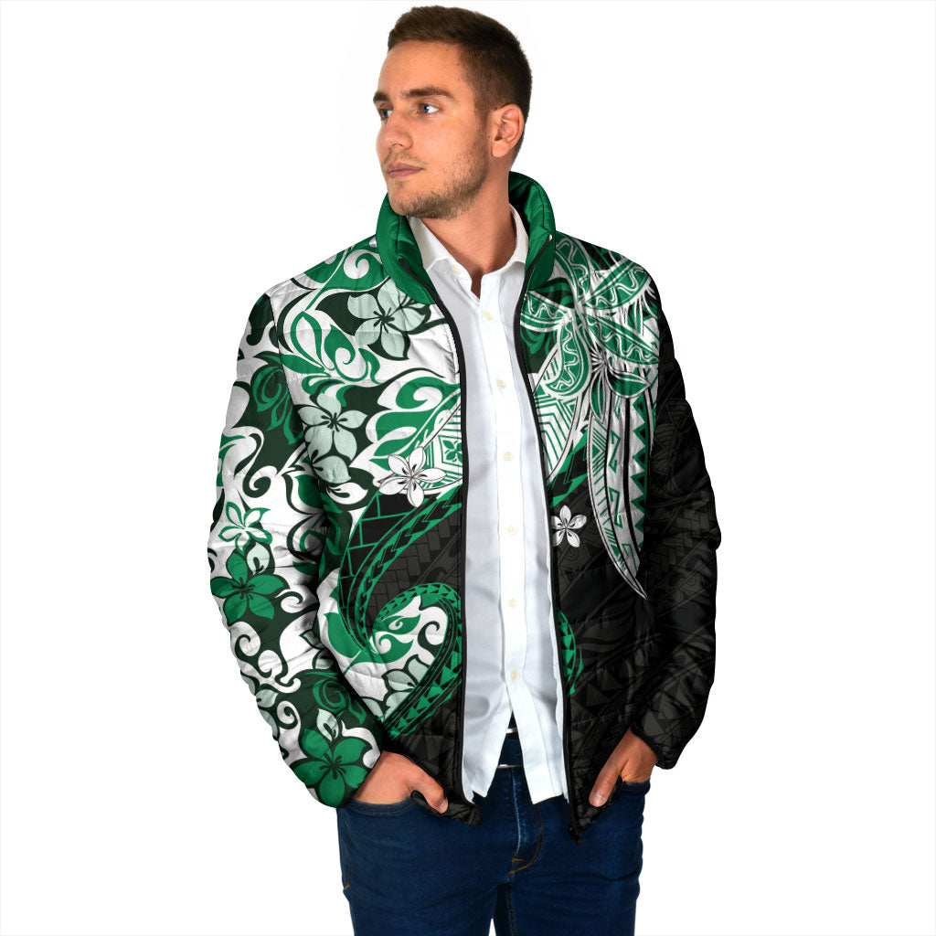 Monstera Plumeria Flowers Green Padded Jacket Polynesian Pattern