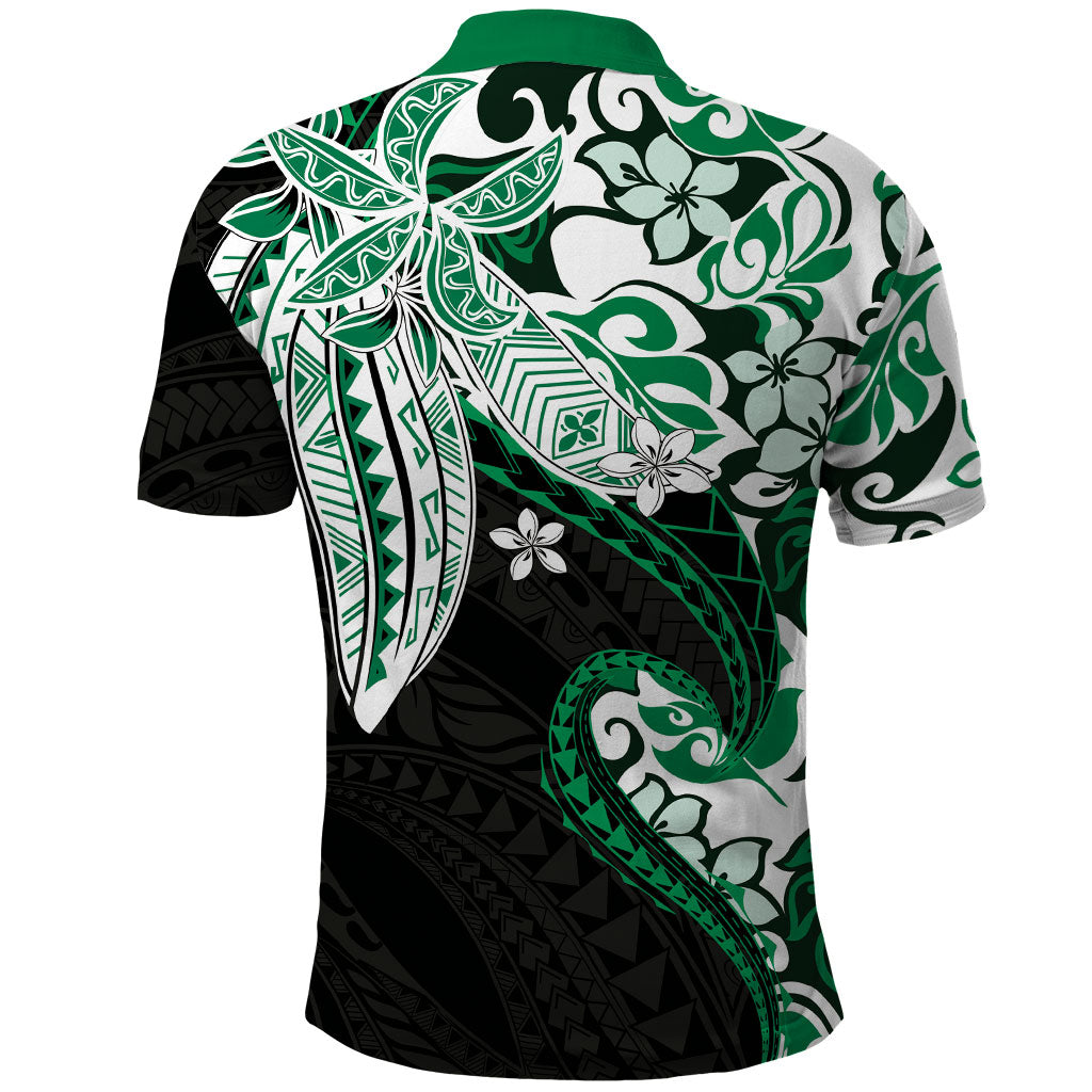 Monstera Plumeria Flowers Green Polo Shirt Polynesian Pattern