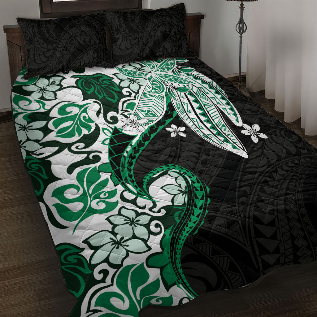 Monstera Plumeria Flowers Green Quilt Bed Set Polynesian Pattern