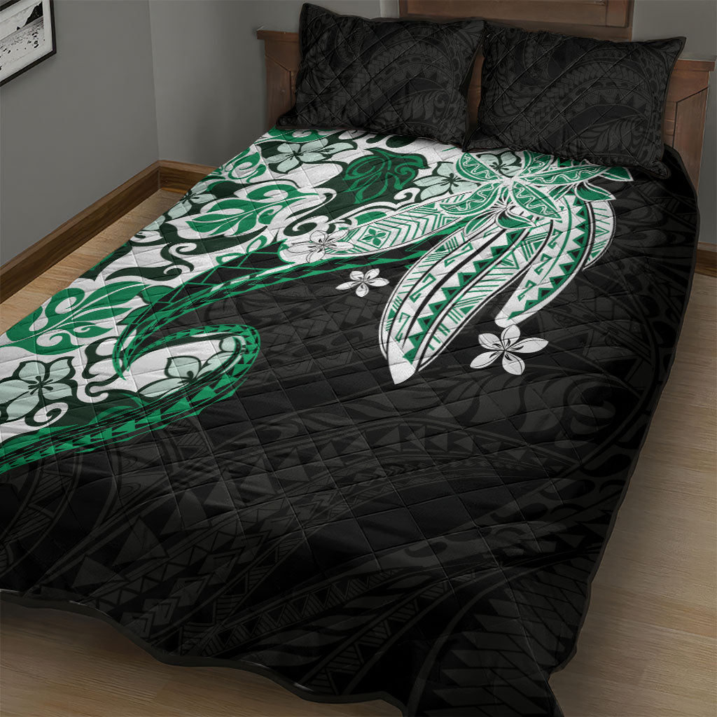 Monstera Plumeria Flowers Green Quilt Bed Set Polynesian Pattern