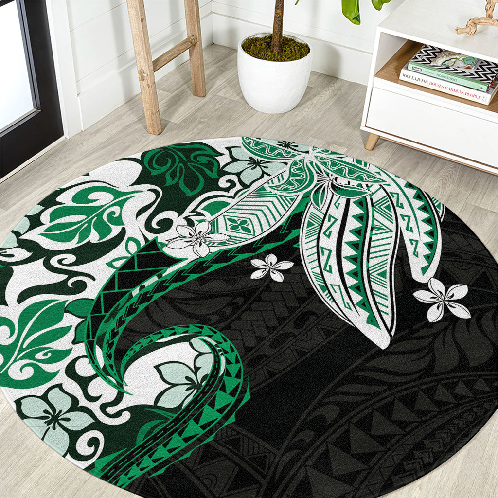 Monstera Plumeria Flowers Green Round Carpet Polynesian Pattern