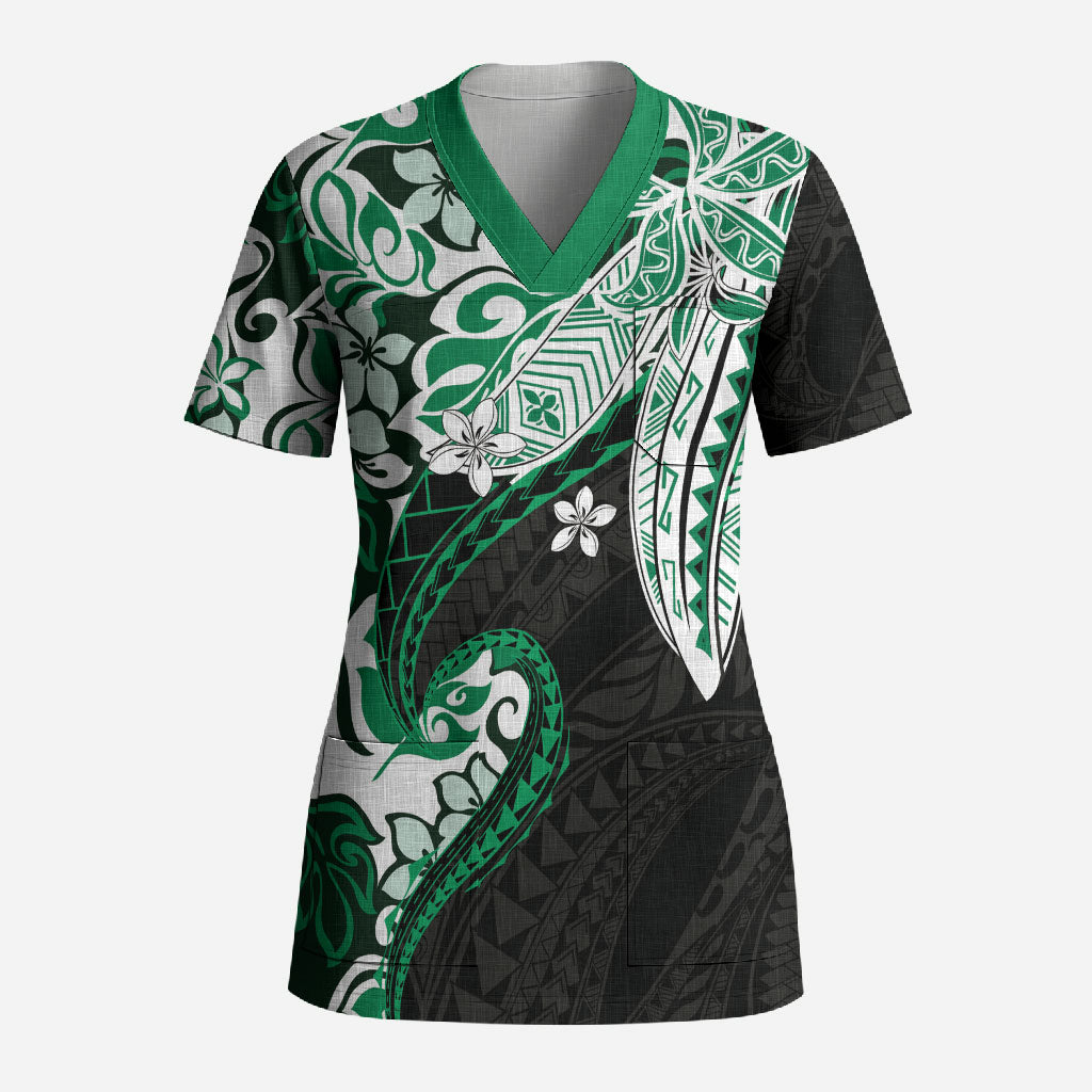 Monstera Plumeria Flowers Green Scrub Top Polynesian Pattern