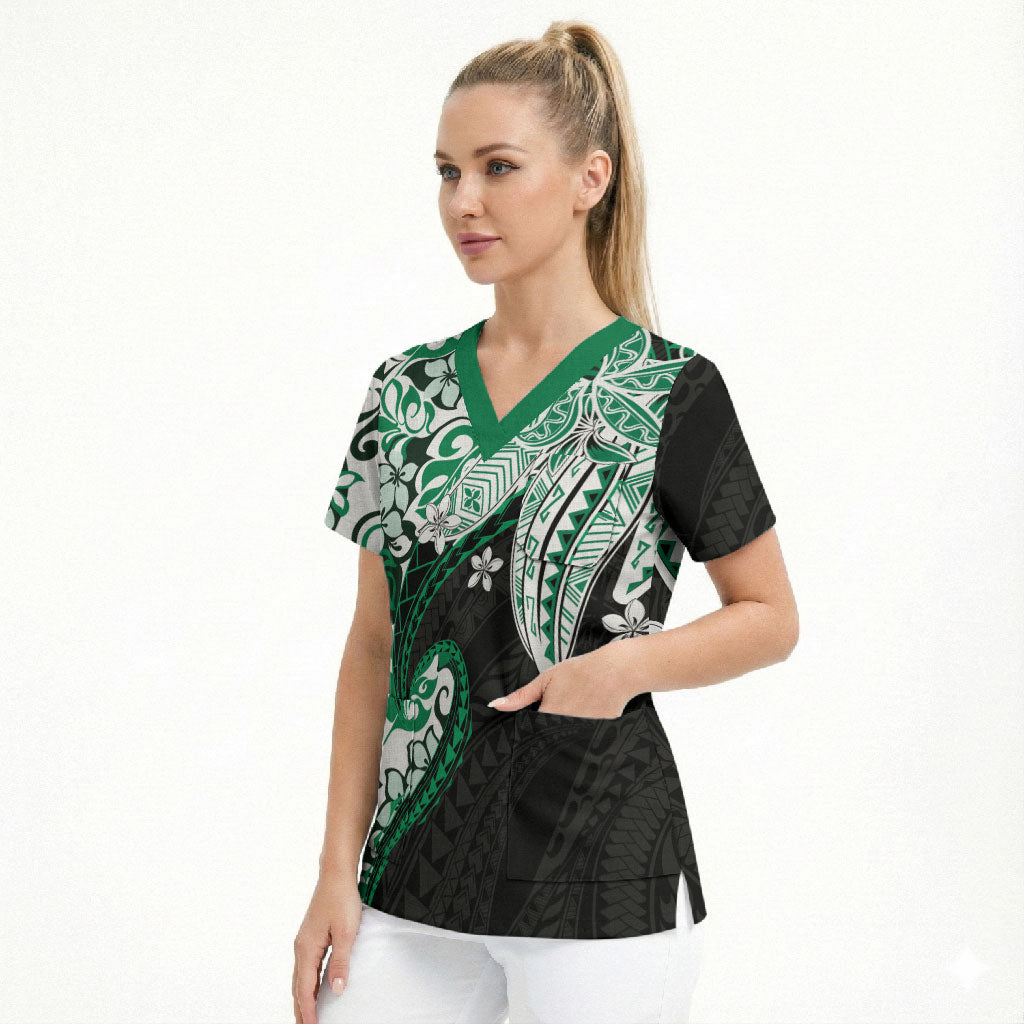 Monstera Plumeria Flowers Green Scrub Top Polynesian Pattern