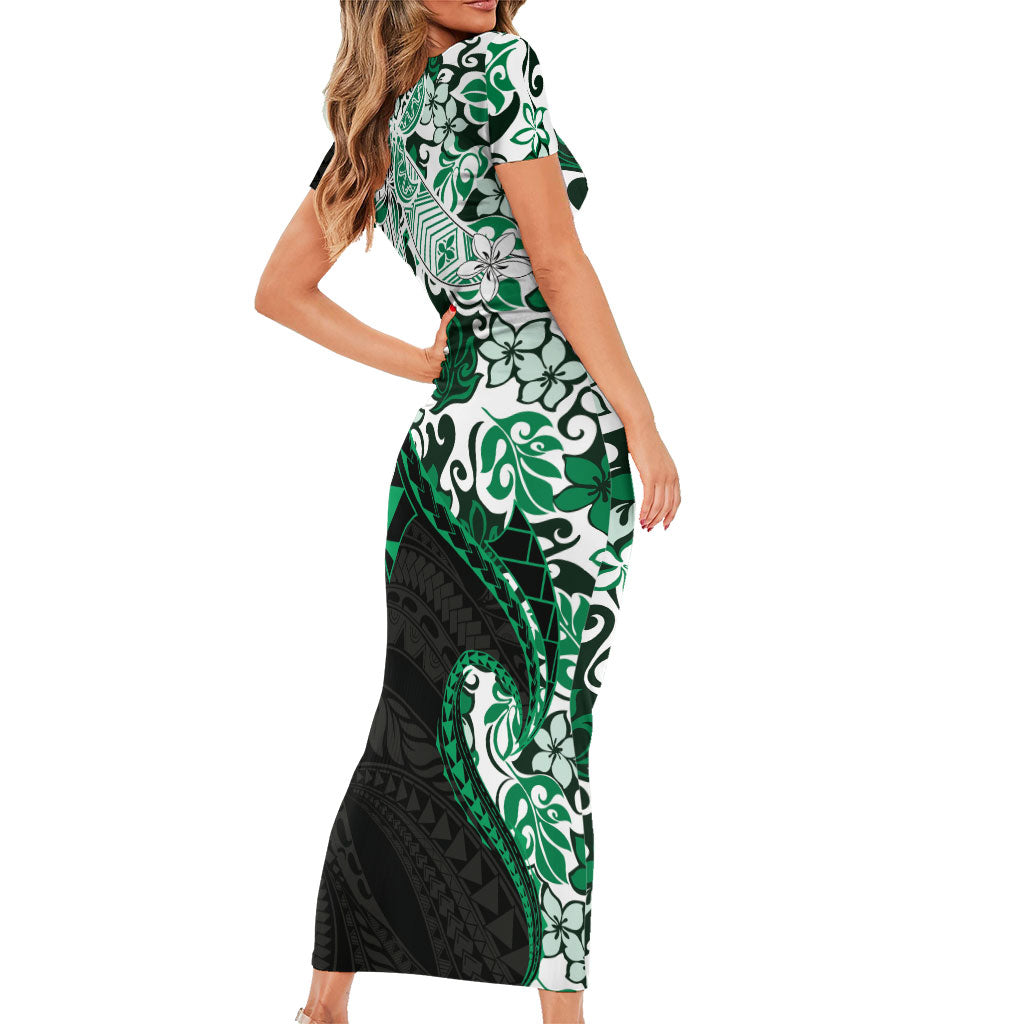 Monstera Plumeria Flowers Green Short Sleeve Bodycon Dress Polynesian Pattern