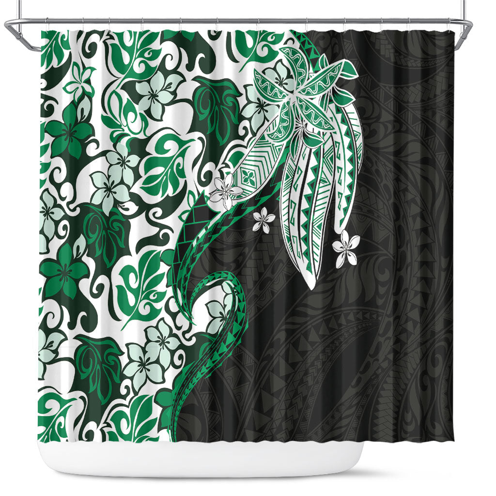 Monstera Plumeria Flowers Green Shower Curtain Polynesian Pattern
