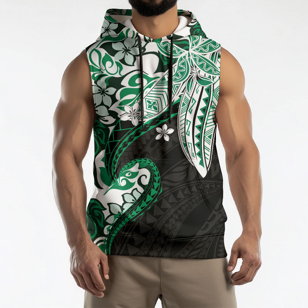 Monstera Plumeria Flowers Green Sleeveless Hoodie Polynesian Pattern