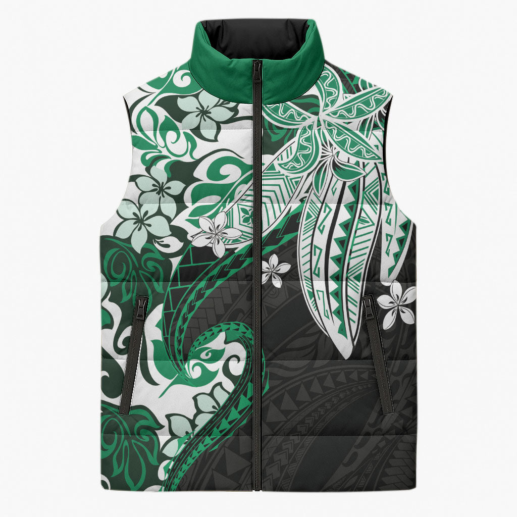 Monstera Plumeria Flowers Green Sleeveless Puffer Jacket Polynesian Pattern