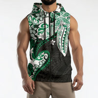 Monstera Plumeria Flowers Green Sleeveless Zip Hoodie Polynesian Pattern