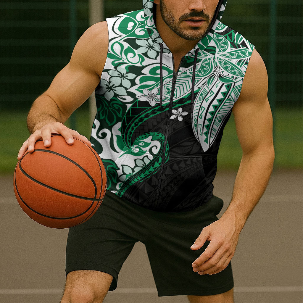 Monstera Plumeria Flowers Green Sleeveless Zip Hoodie Polynesian Pattern
