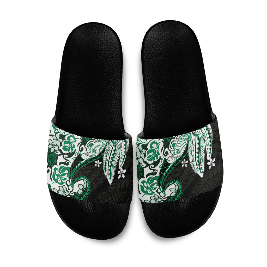 Monstera Plumeria Flowers Green Slide Sandals Polynesian Pattern