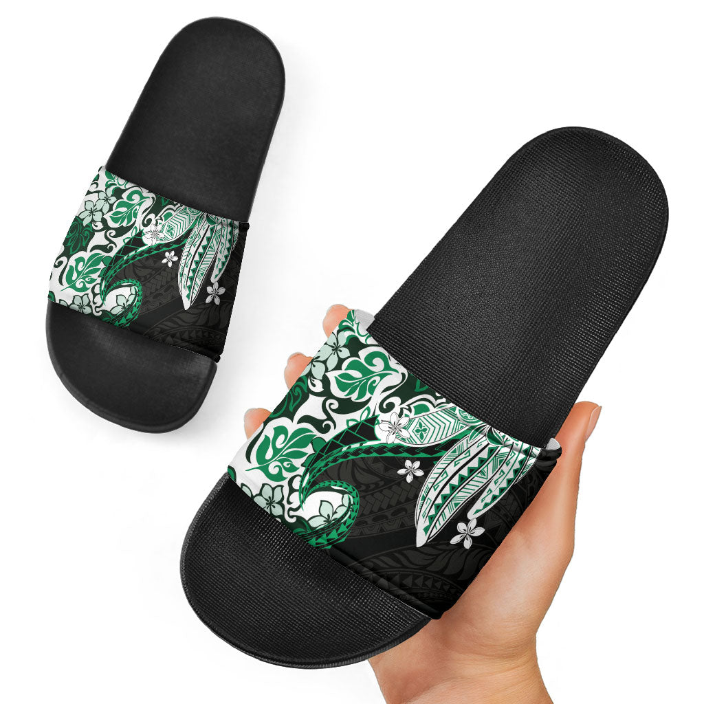 Monstera Plumeria Flowers Green Slide Sandals Polynesian Pattern