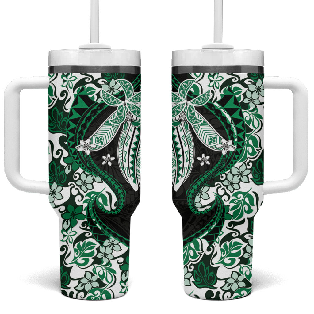 Monstera Plumeria Flowers Green Tumbler With Handle Polynesian Pattern