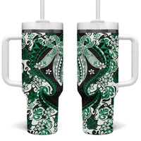 Monstera Plumeria Flowers Green Tumbler With Handle Polynesian Pattern
