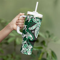 Monstera Plumeria Flowers Green Tumbler With Handle Polynesian Pattern