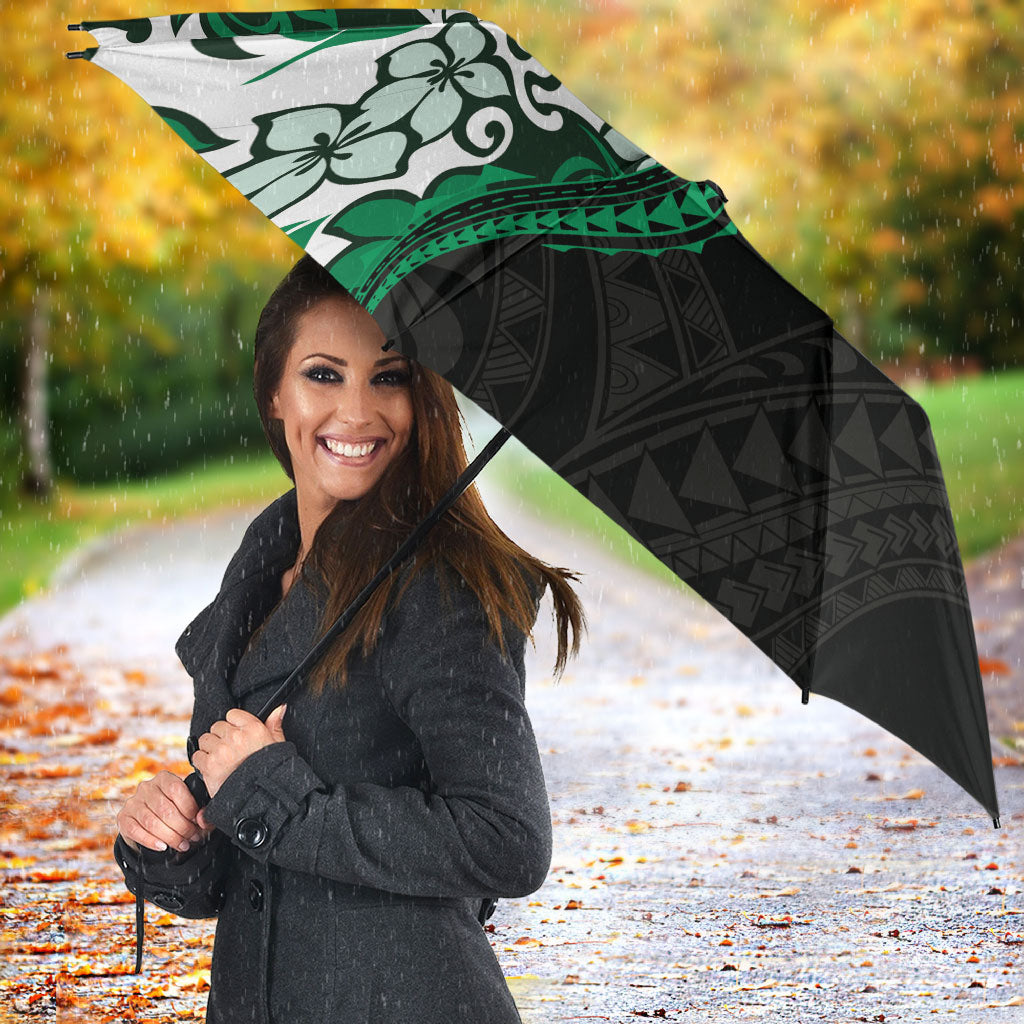 Monstera Plumeria Flowers Green Umbrella Polynesian Pattern