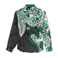 Monstera Plumeria Flowers Green Women Casual Shirt Polynesian Pattern